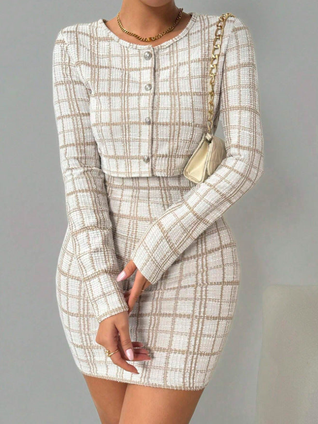 Womens Plaid Long-Sleeve Jacket And Skirt Set
