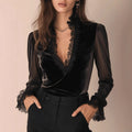 Retro Sophisticated And Subtly Alluring Lace-and-velvet Patchwork Bodycon Top
