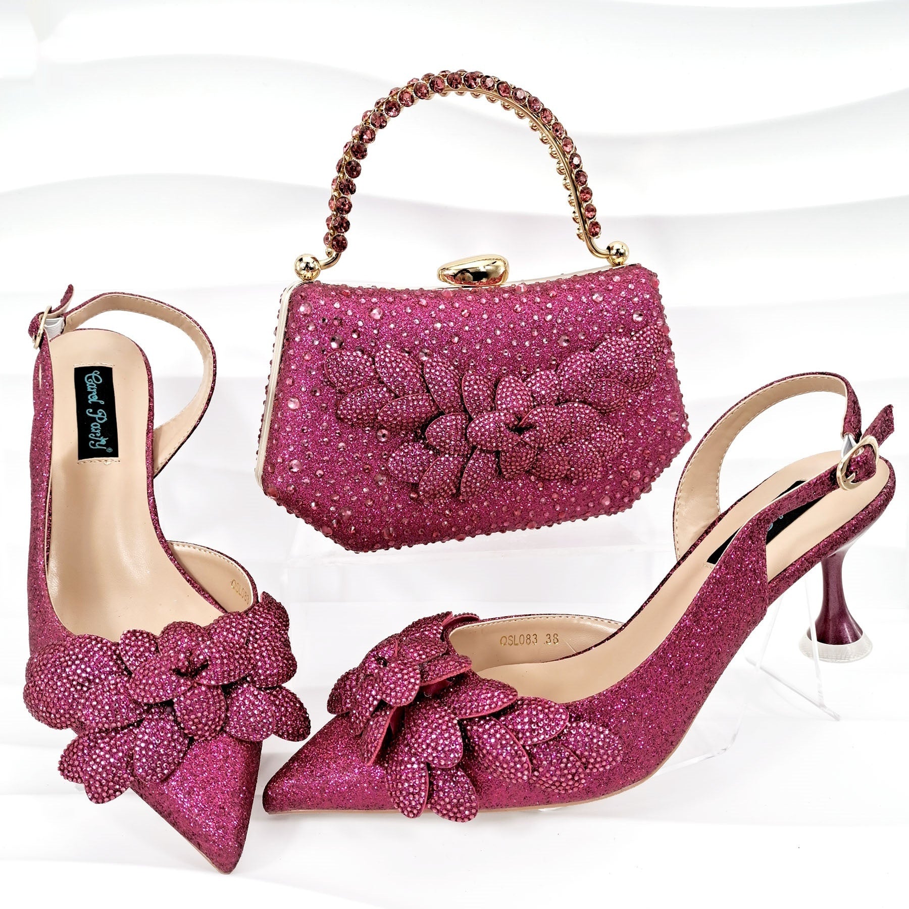 Cross-border Ladies Party Shoes Bag Set Handmade Leaf Decorative Wine Glass Heel Matching Set