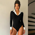 Female Contrasting Lapel Patchwork Fake Two-piece Jumpsuit
