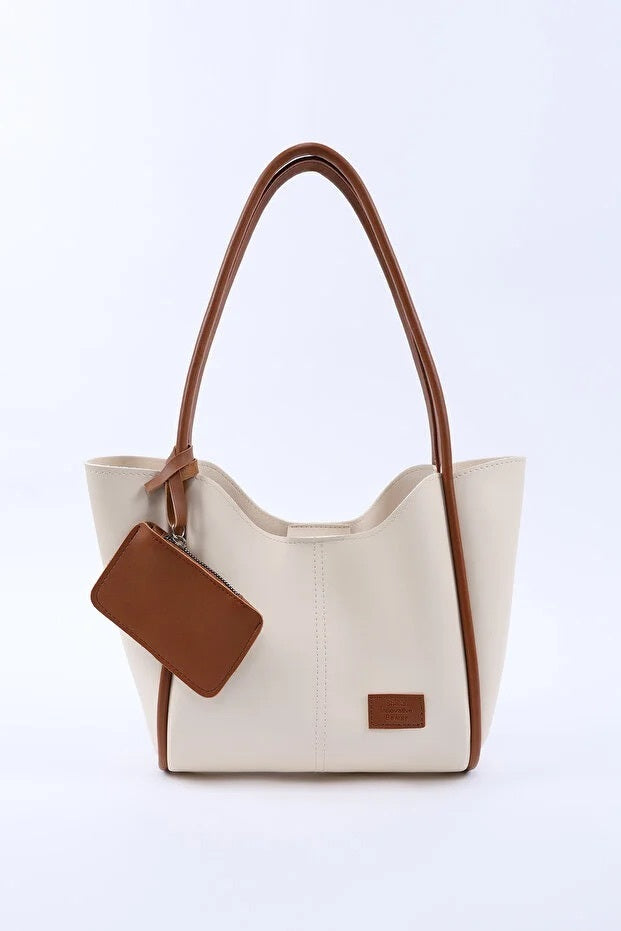 Cream Tan Faux Leather Women Hand And Shoulder Bag With Wallet And Makeup Bag