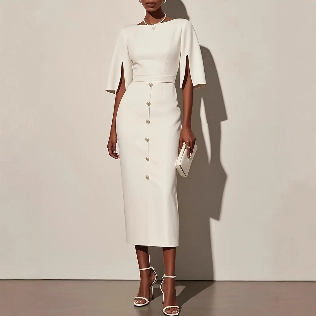 Robe d'été unie à col rond, taille marquée, fente et boutons