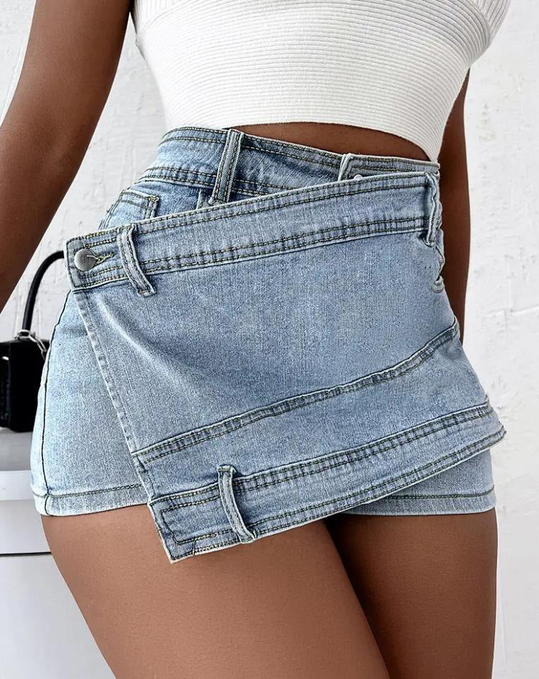 Street Vintage Denim Shorts Stretch Overlap Waist Wrap Solid Asymmetrical Hem A-Line Skinny Mini Skorts Skirt