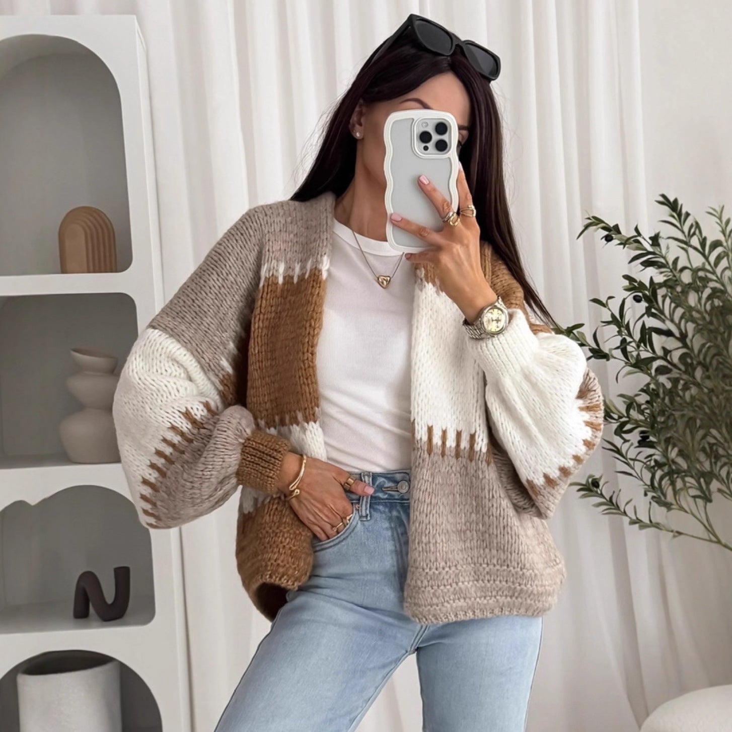 New Colorful Plaid Patchwork Contrast-color Knit Sweater Jacket With Gold Thread