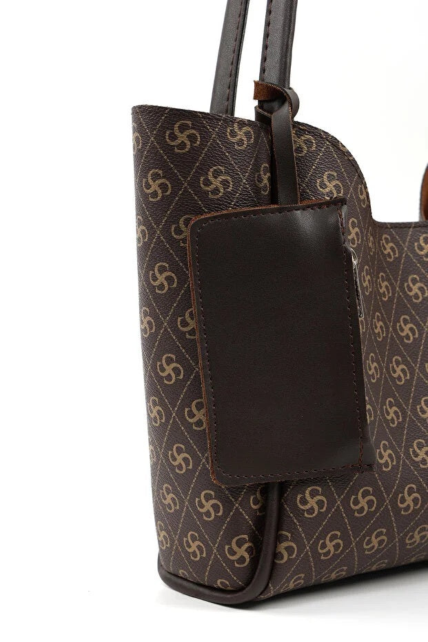 Monogram Brown Faux Leather Women Hand And Shoulder Bag With Wallet And Makeup Bag