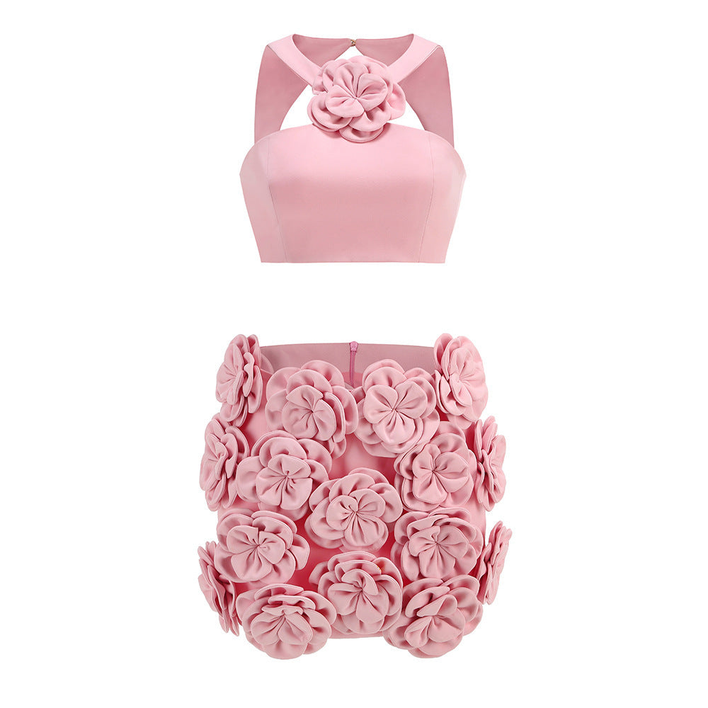 Fashion Suit Top Halter Decorative Flower Skirt
