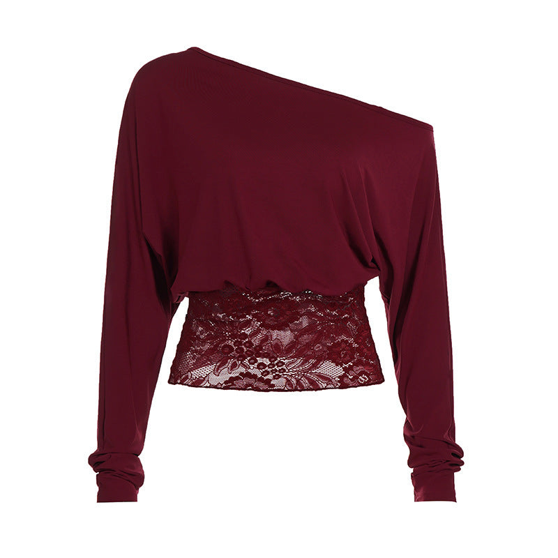 Womens Sexy Off-Shoulder Cropped Top With Hollowed-Out Lace Panels