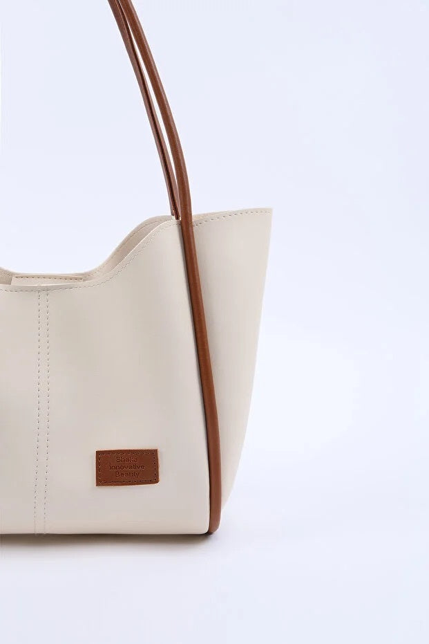 Cream Tan Faux Leather Women Hand And Shoulder Bag With Wallet And Makeup Bag