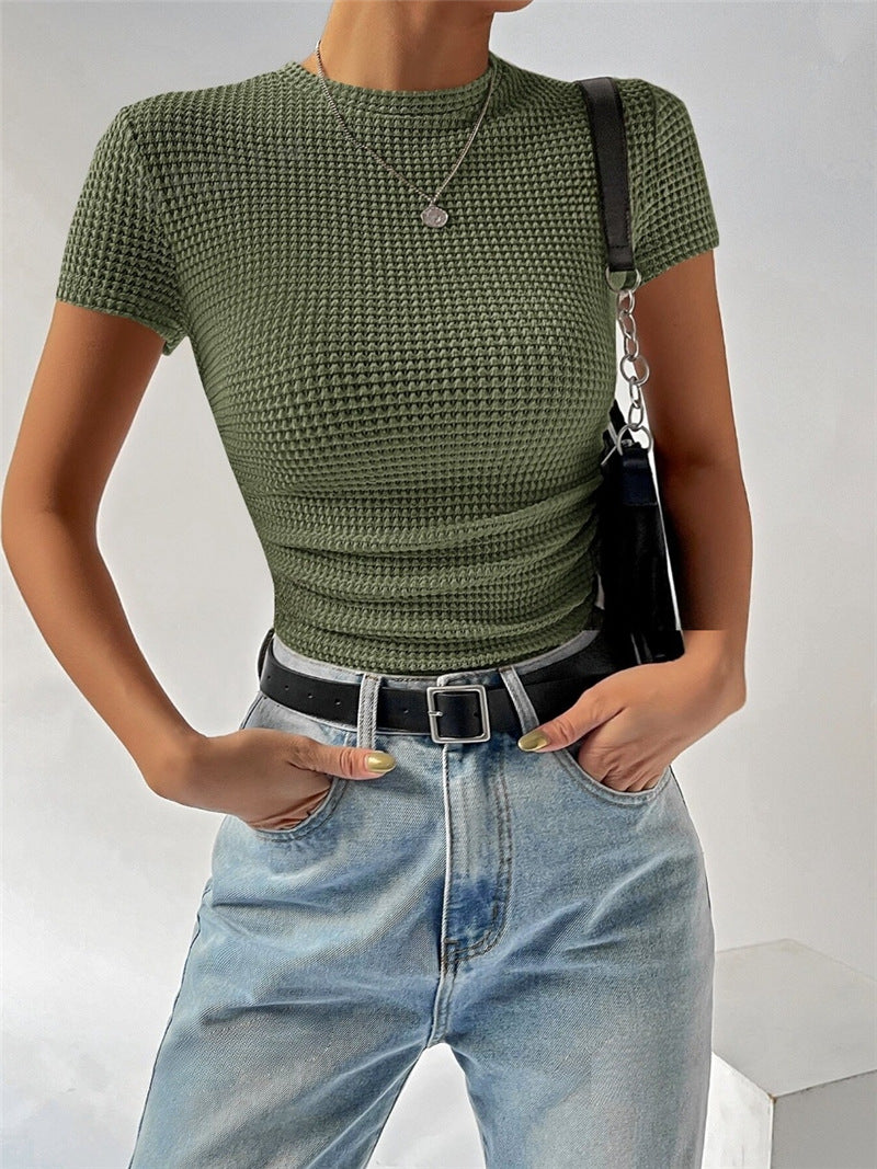 Versatile Figure-flattering Ribbed Crew-neck Knit Short-sleeve T-shirt