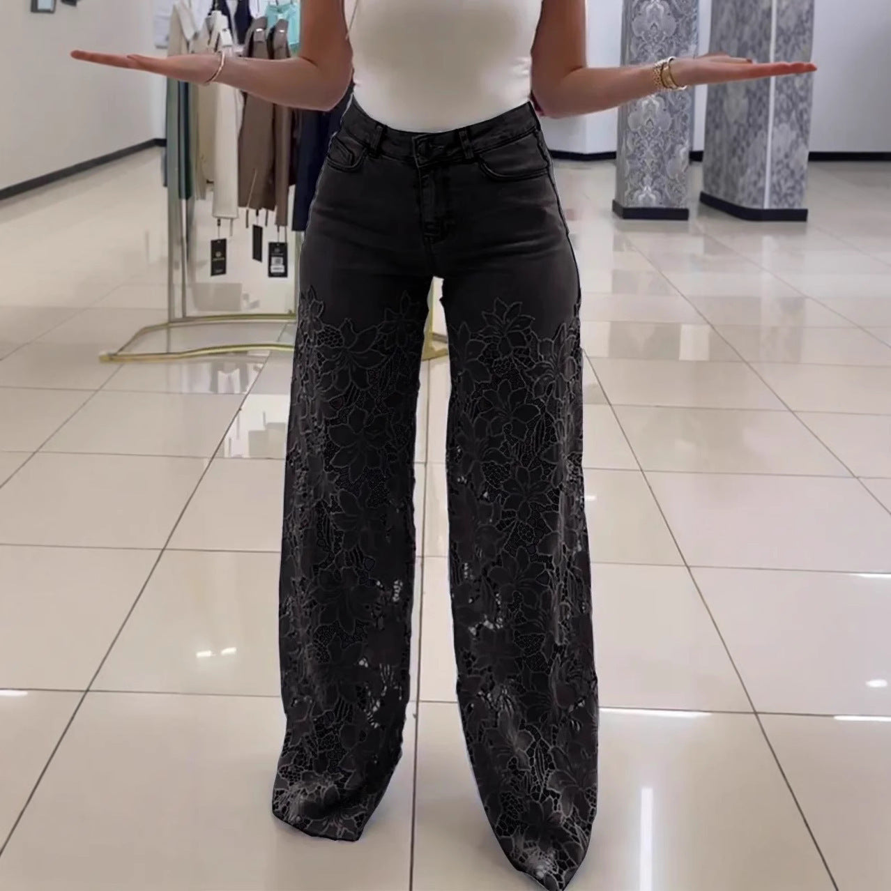 Lace Flowers Hollow Jeans Fashion High Waist Straight Wide Leg Pants Solid Color Trousers Women's Clothing