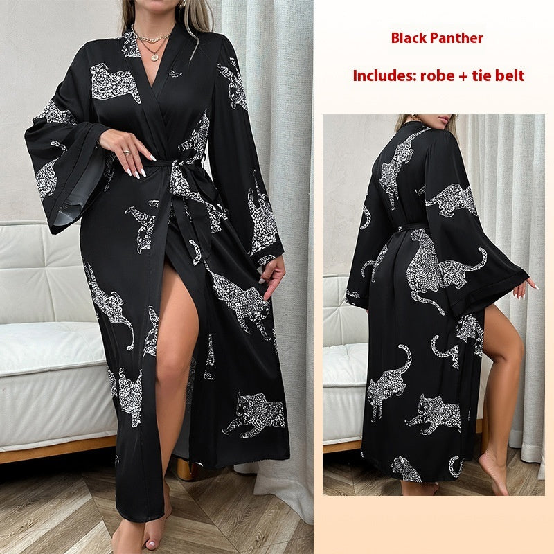 Roupão Longo de Cetim para Mulher, Camisola de Noite com Mangas Compridas