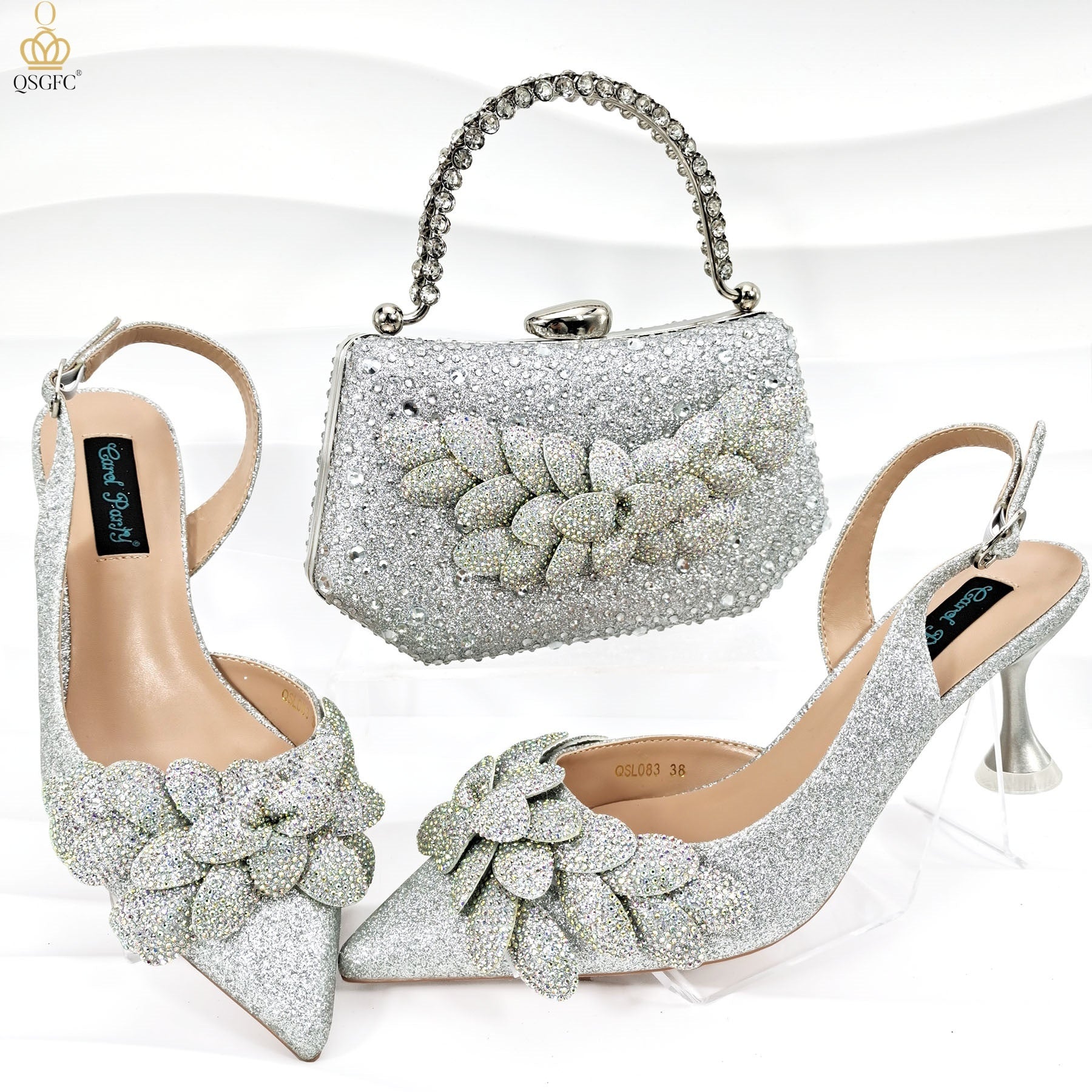 Cross-border Ladies Party Shoes Bag Set Handmade Leaf Decorative Wine Glass Heel Matching Set