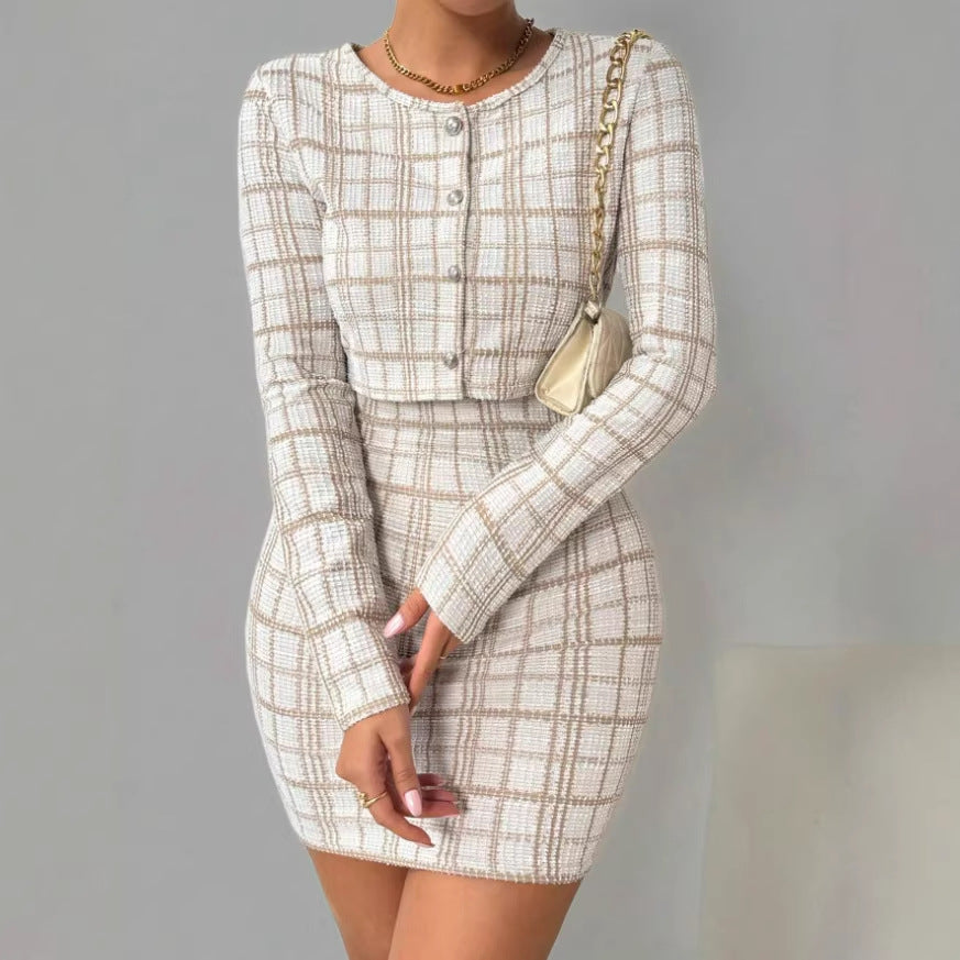 Womens Plaid Long-Sleeve Jacket And Skirt Set