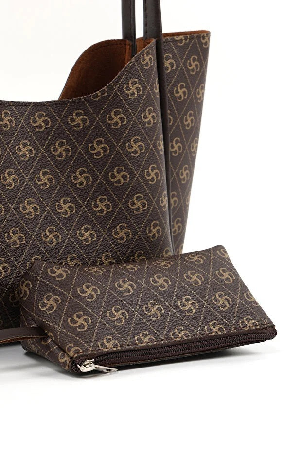 Monogram Brown Faux Leather Women Hand And Shoulder Bag With Wallet And Makeup Bag