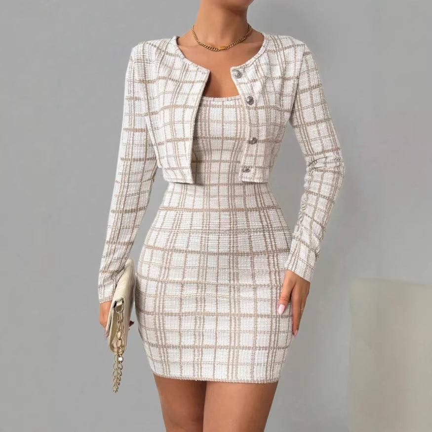 Womens Plaid Long-Sleeve Jacket And Skirt Set