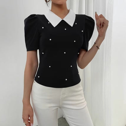 Womens Stylish Slim-fit Color-blocked Lapel Short-sleeve Top