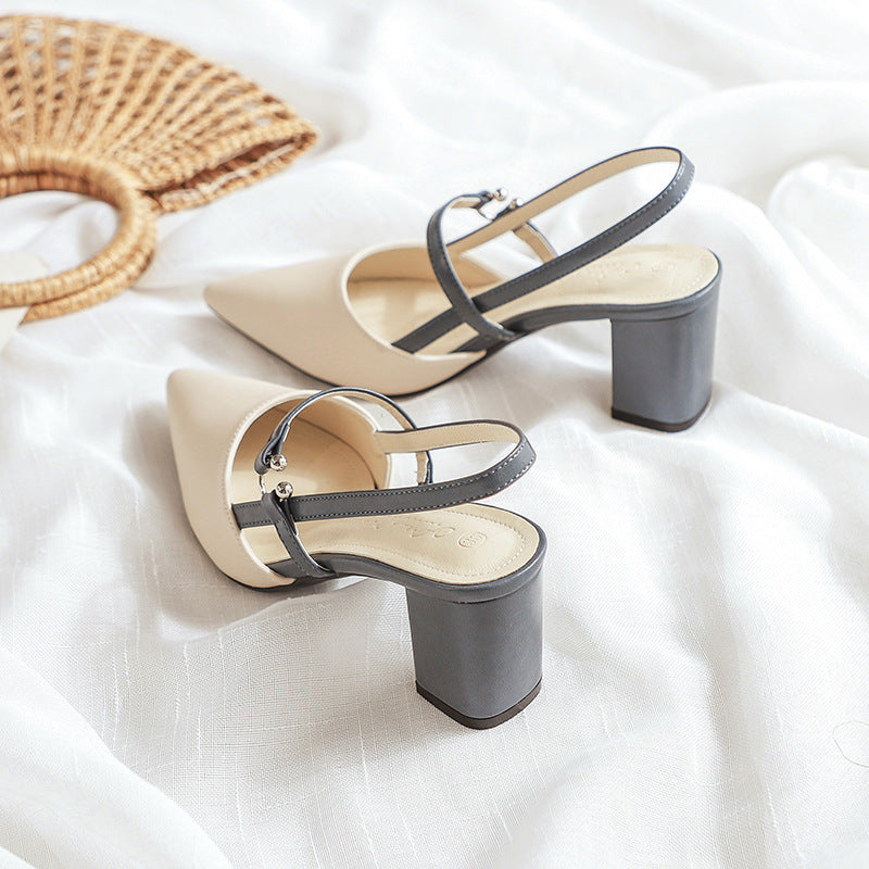 Summer New Pointed-toe Fashionable Open-heel Chunky Heel Shoes