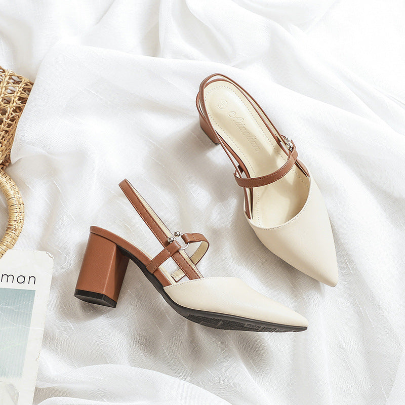 Summer New Pointed-toe Fashionable Open-heel Chunky Heel Shoes