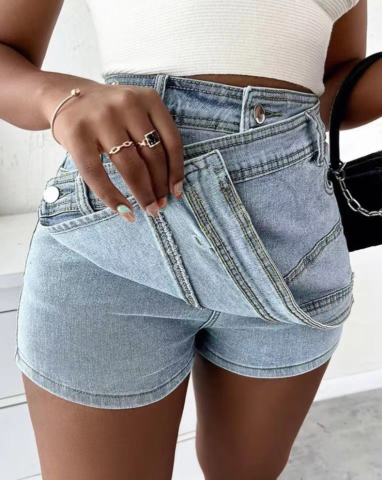 Street Vintage Denim Shorts Stretch Overlap Waist Wrap Solid Asymmetrical Hem A-Line Skinny Mini Skorts Skirt