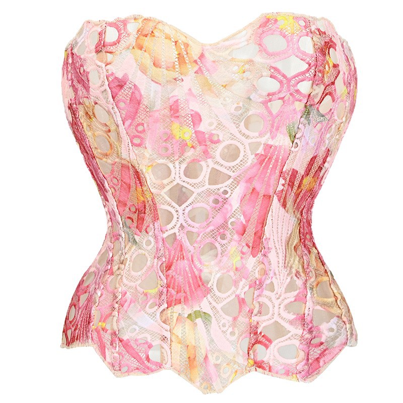 Irregular Lace Fishbone Corset With Mesh Panels And Print For A Sculpting Fit