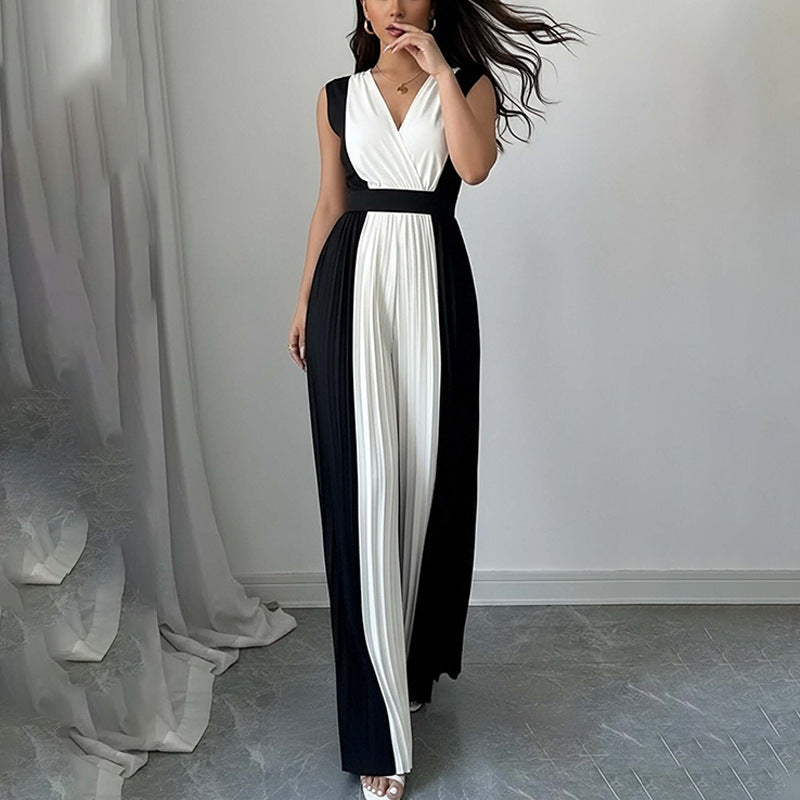 Womens Elegant Long-Sleeve V-Neck Printed Jumpsuit