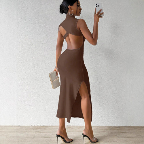 Backless Stand-up Collar Side-slit Bodycon Dress