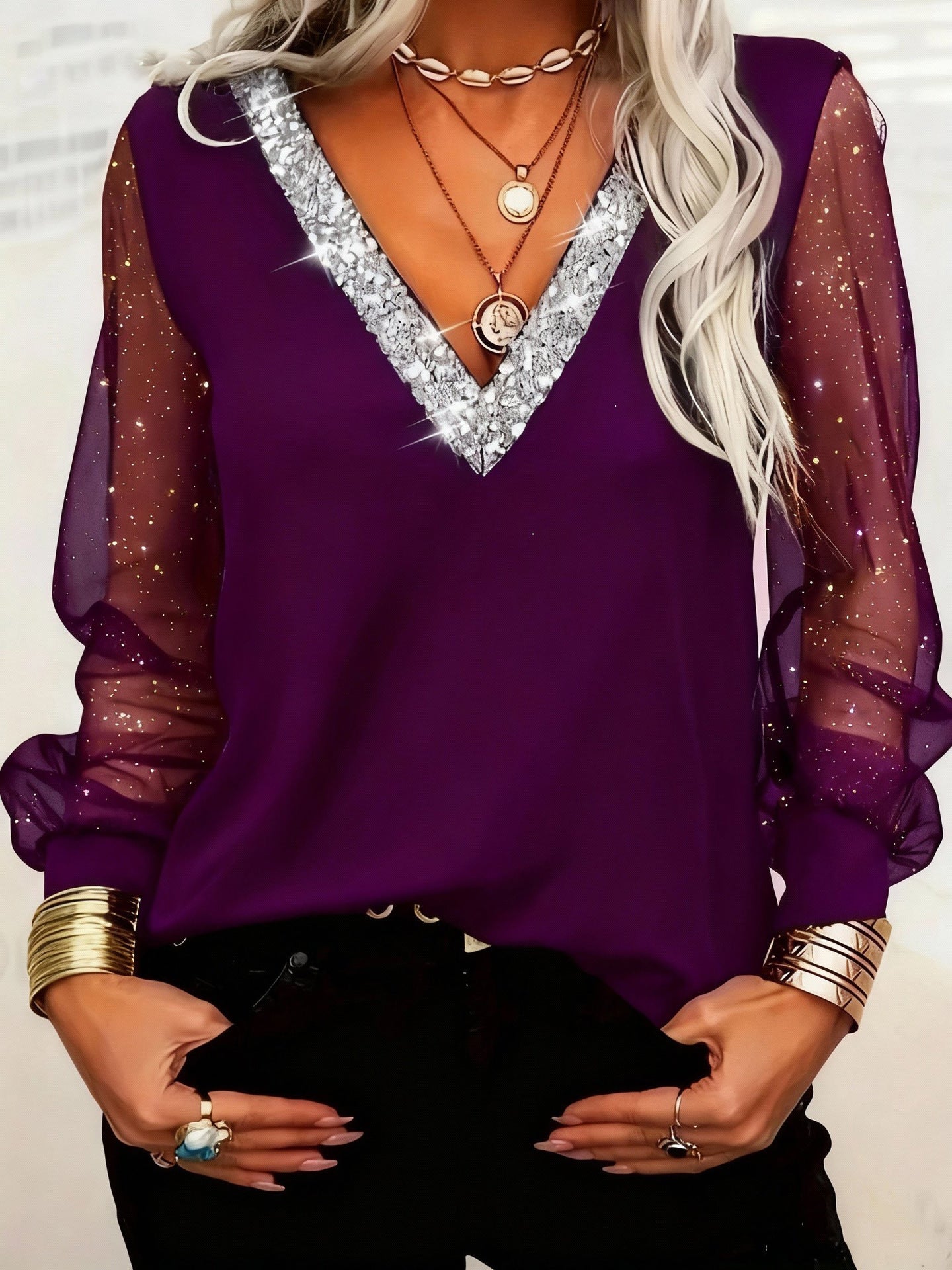 Sequined V-neck Mesh Long-sleeve Casual T-shirt Top