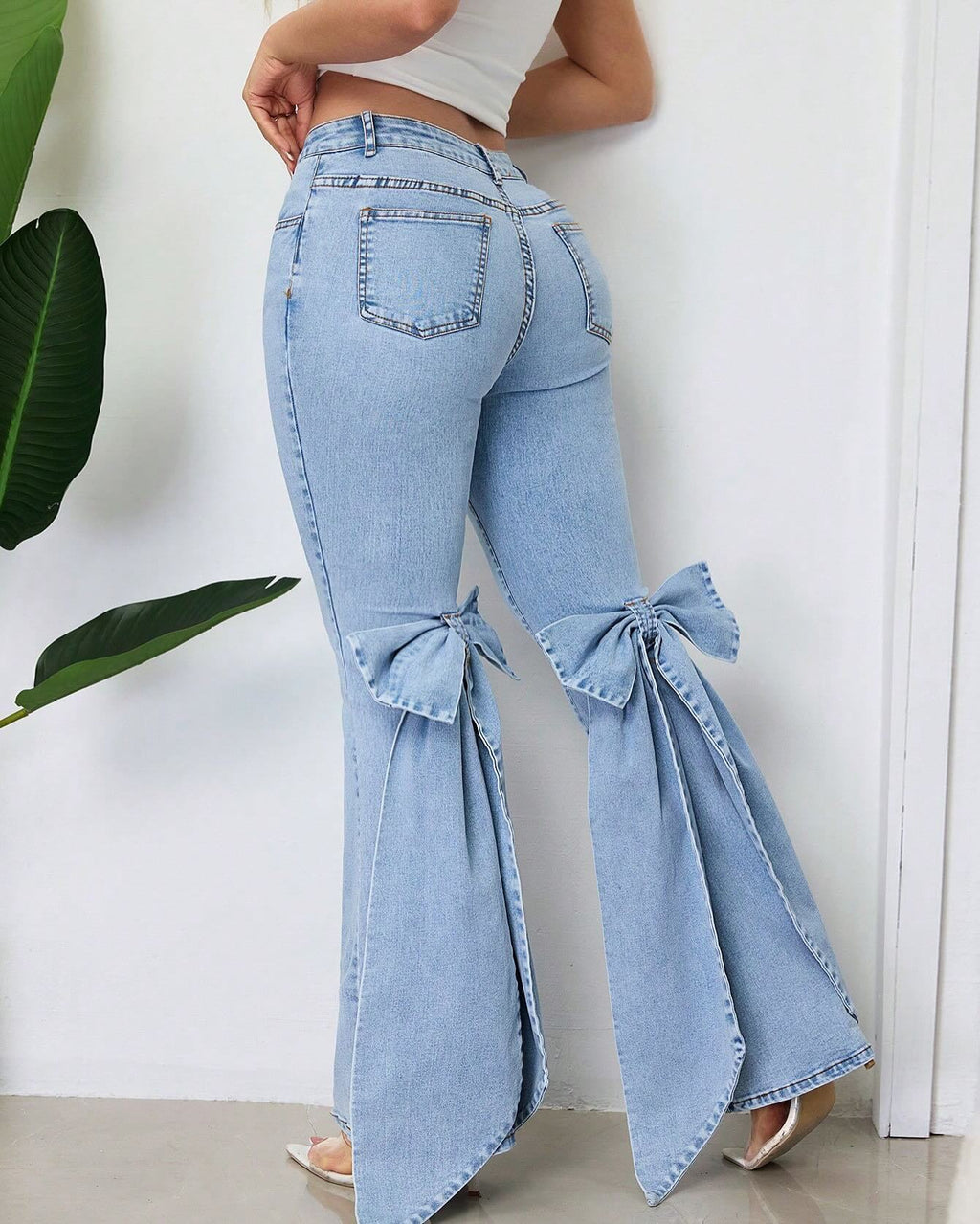 Womens High Waisted Stretchy Denim Flared Jeans With A Bow Detail