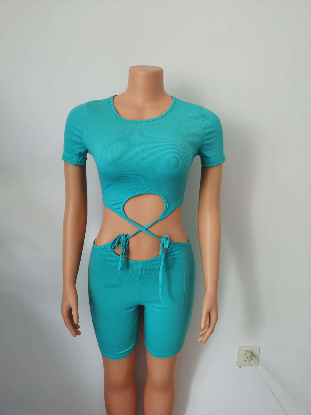 Knitted Tie-front Midriff-baring One-piece Shorts