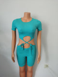 Knitted Tie-front Midriff-baring One-piece Shorts
