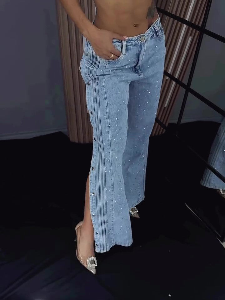Button Rhinestone Fashion Jeans