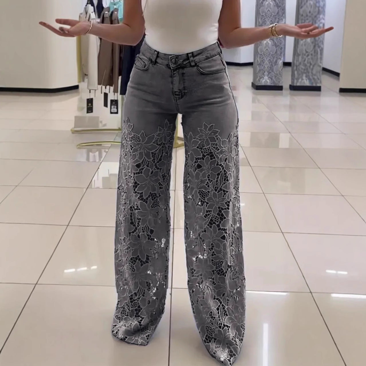Lace Flowers Hollow Jeans Fashion High Waist Straight Wide Leg Pants Solid Color Trousers Women's Clothing
