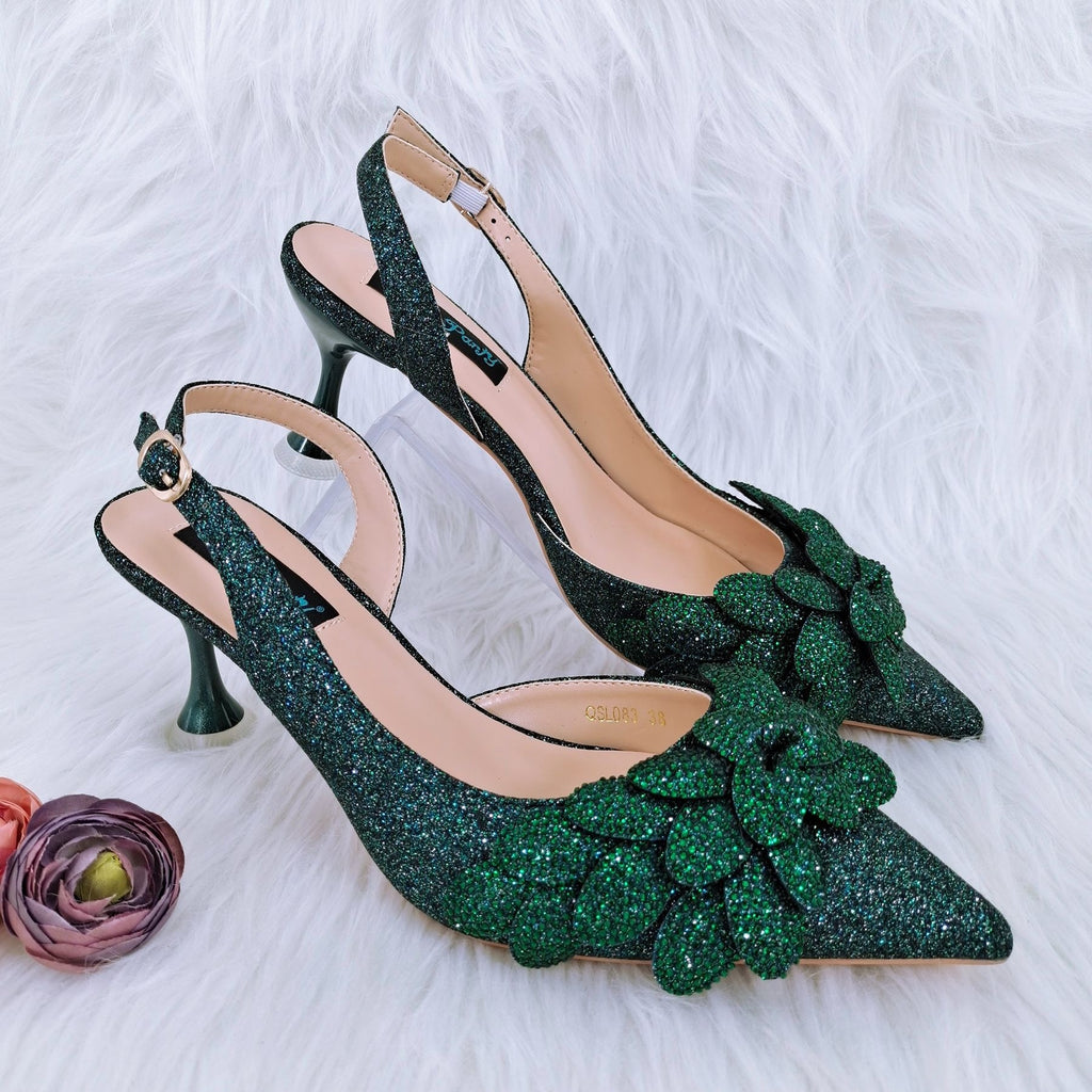 Cross-border Ladies Party Shoes Bag Set Handmade Leaf Decorative Wine Glass Heel Matching Set