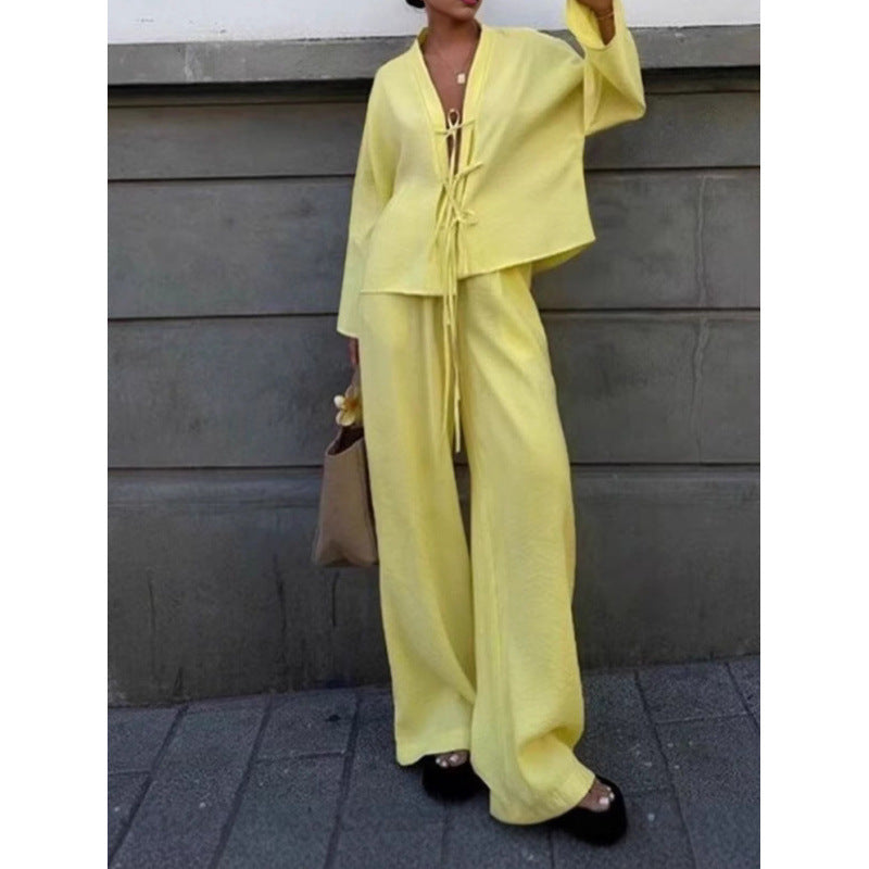 High-end Lace-up Shirt And Pants Casual Fashion Set
