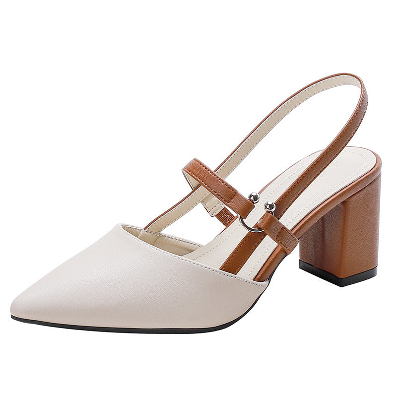 Summer New Pointed-toe Fashionable Open-heel Chunky Heel Shoes