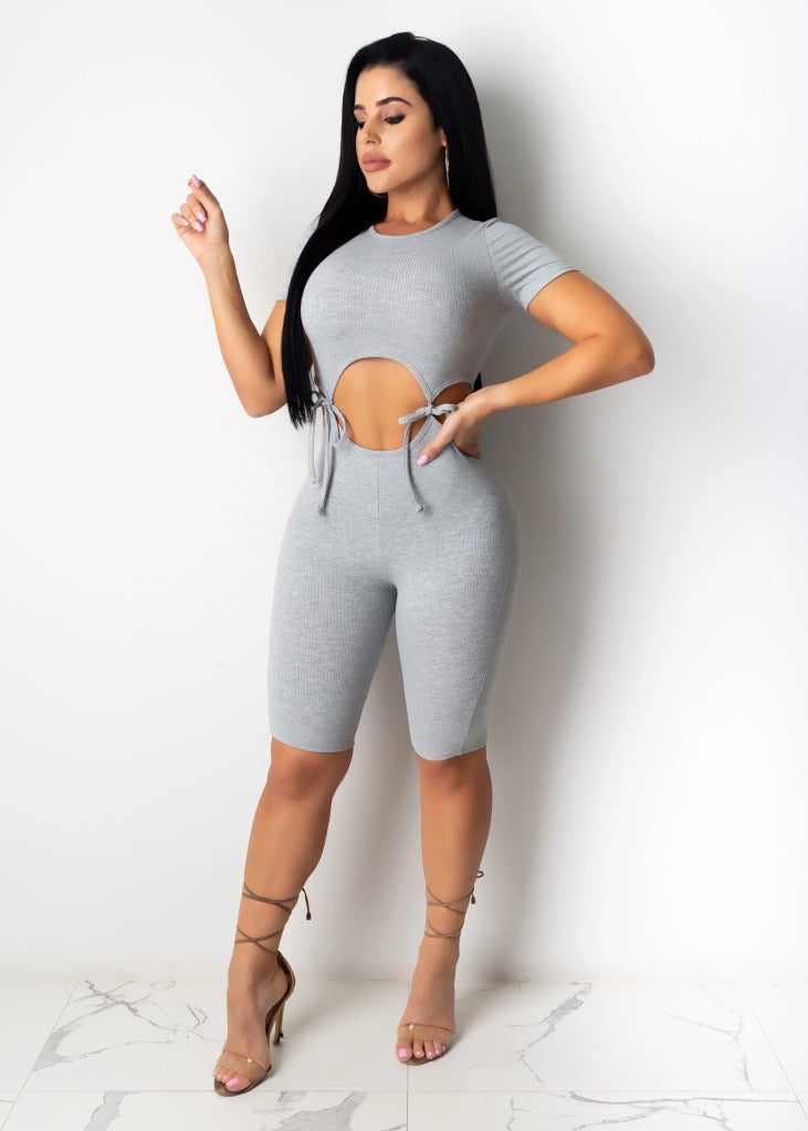 Knitted Tie-front Midriff-baring One-piece Shorts