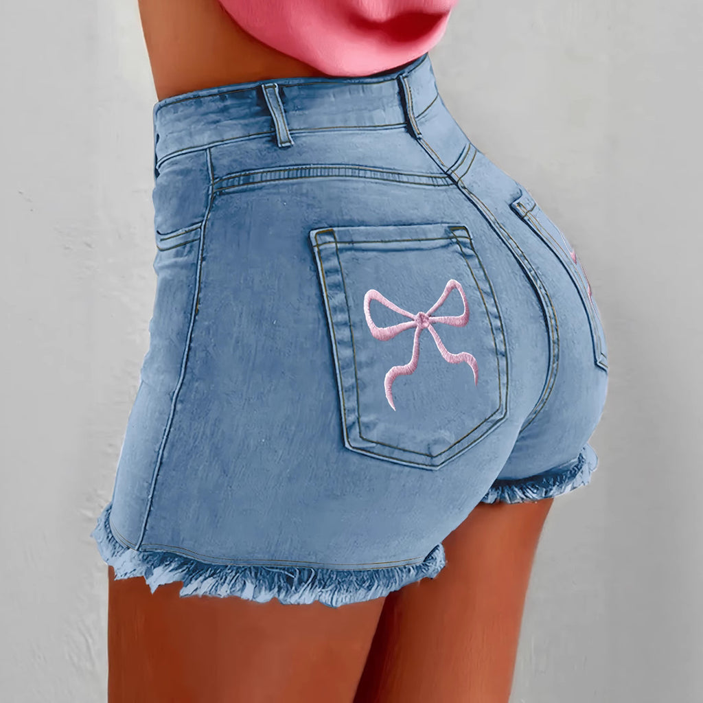 Short en jean moulant avec nœud papillon doux pour femmes