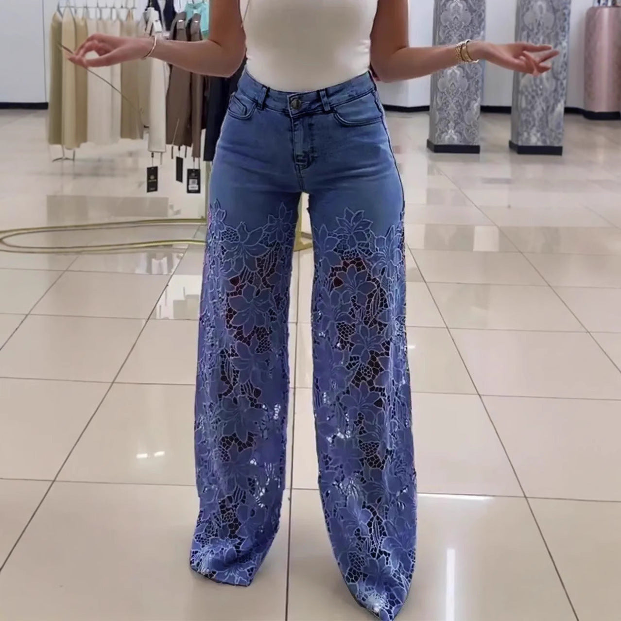 Lace Flowers Hollow Jeans Fashion High Waist Straight Wide Leg Pants Solid Color Trousers Women's Clothing