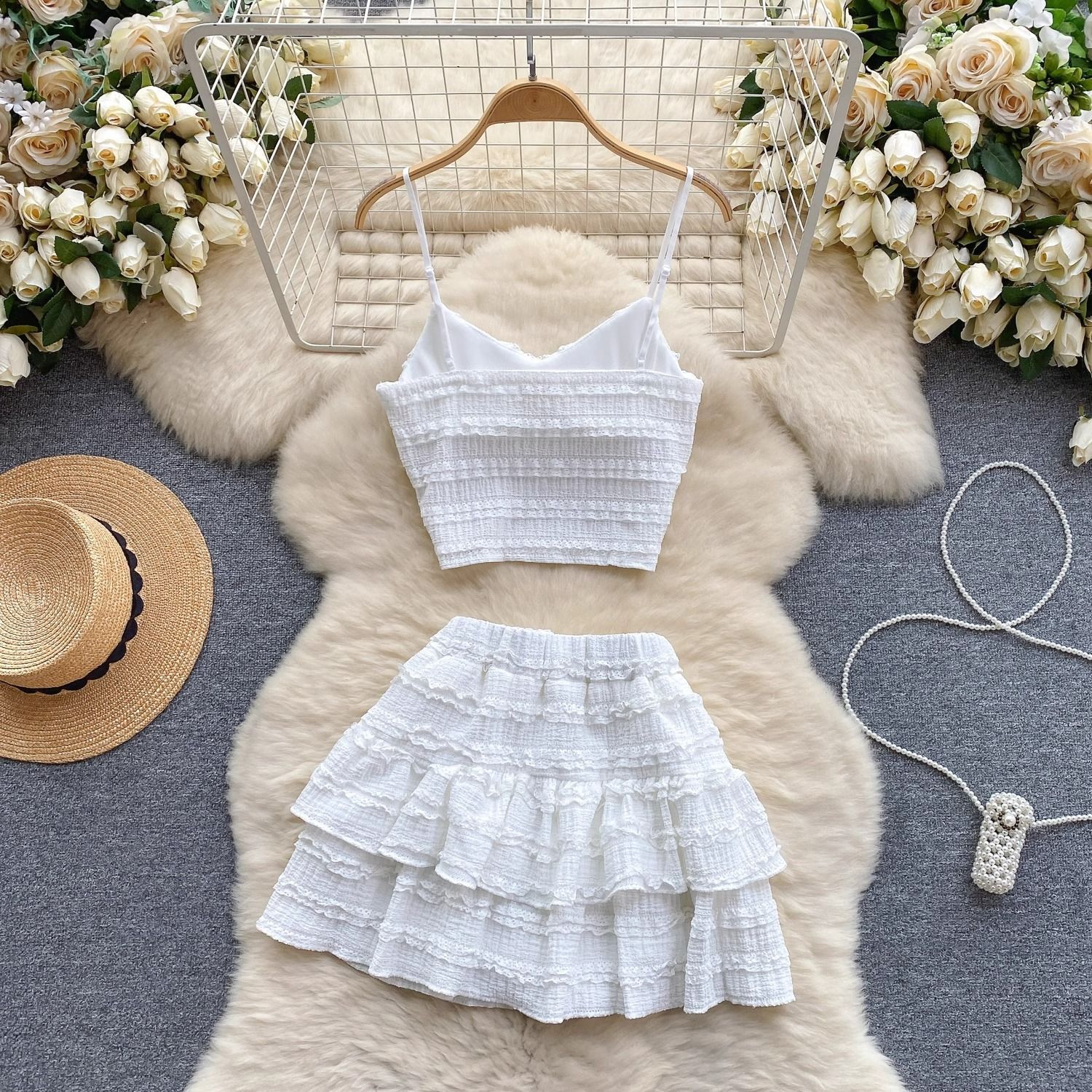 Lace Camisole And Ruffled Short Skirt Set