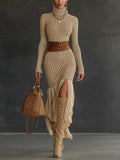 Womens High-neck Ribbed Midi Dress For Spring Autumn And Winter European And American Style