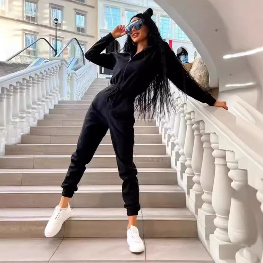 Dames hætte med snøre jogger jumpsuit sæt