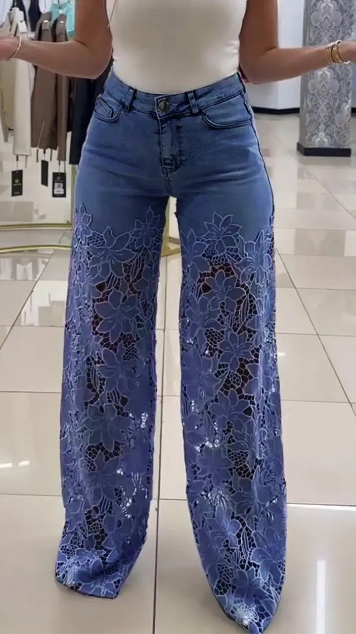 Lace Flowers Hollow Jeans Fashion High Waist Straight Wide Leg Pants Solid Color Trousers Women's Clothing