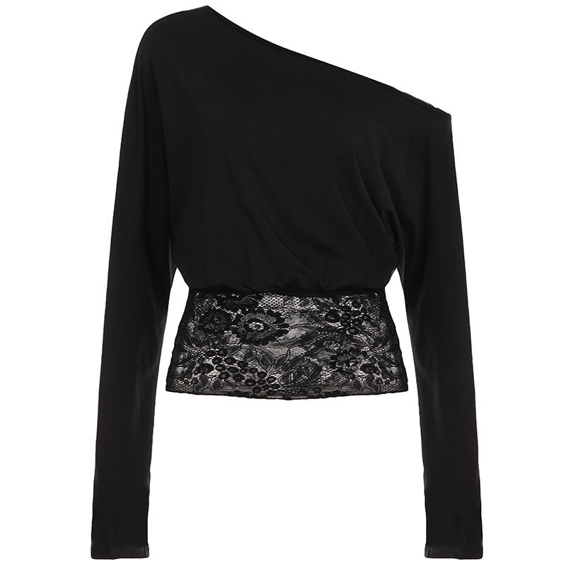 Womens Sexy Off-Shoulder Cropped Top With Hollowed-Out Lace Panels