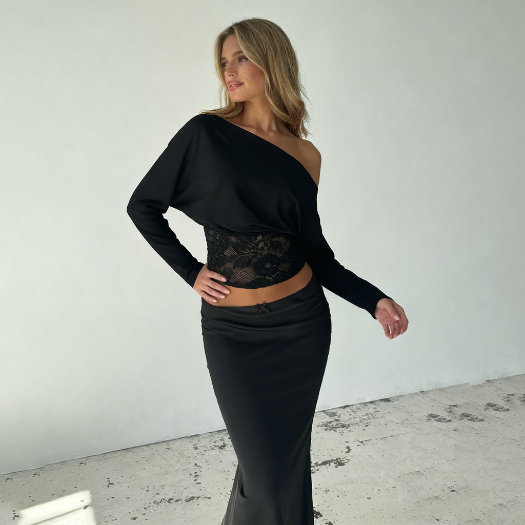 Dames sexede off-shoulder cropped top med udhulede blondepaneler