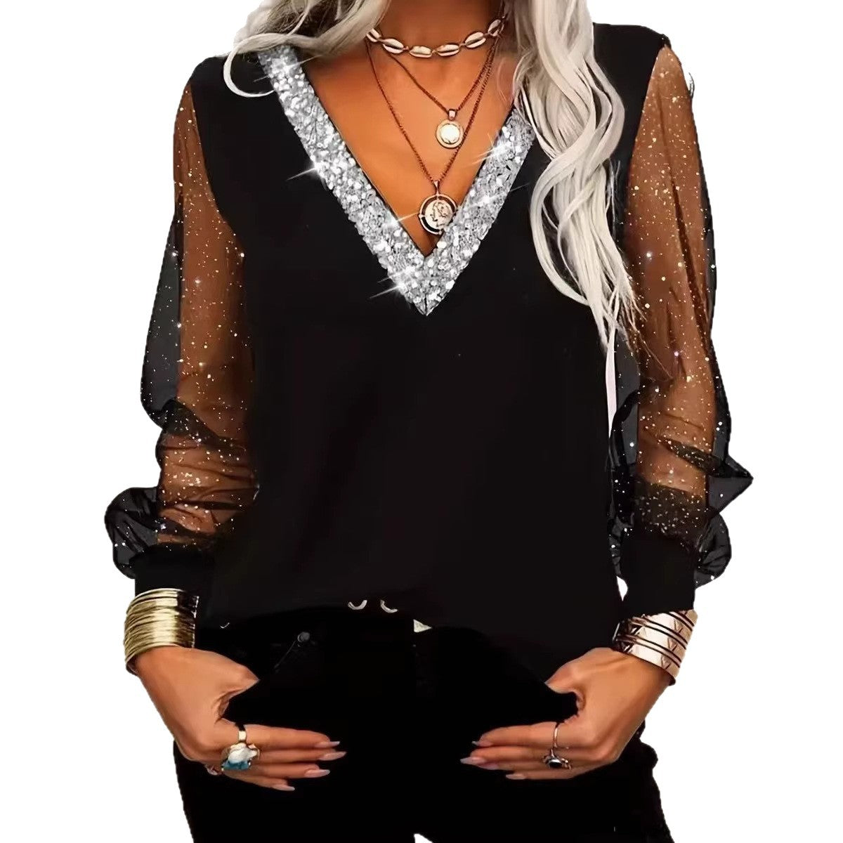 Sequined V-neck Mesh Long-sleeve Casual T-shirt Top