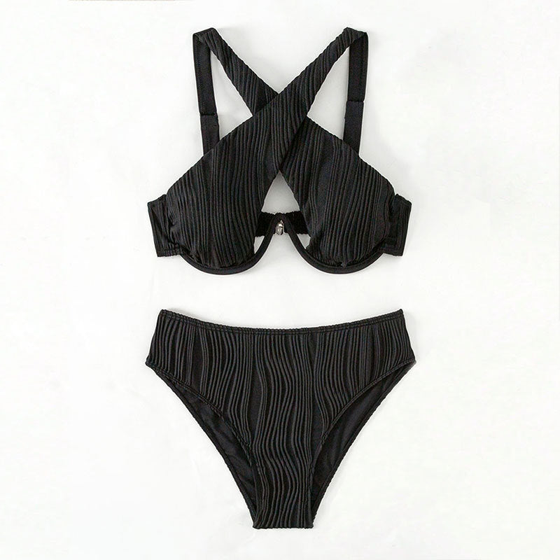 Womens Instagram-style Beach Bikini Solid-color Lace-up Underwire Two-piece Swimsuit For Women