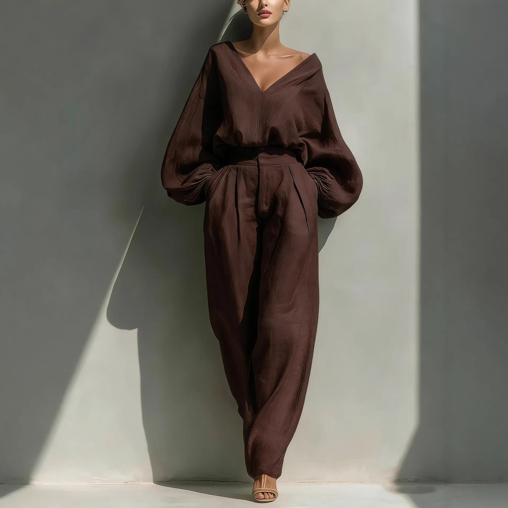 Pitkähihainen väljä trendikäs unisex-retro puuvilla-pellavasekoite-setti