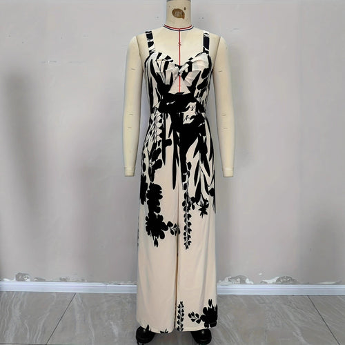 Ethnic-style Printed Ruched Waist With A Tie-detail Designcasual Vacation-ready Womens Jumpsuit