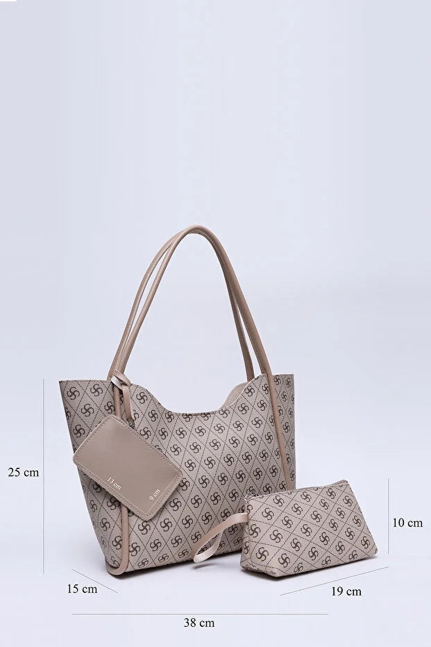 Monogram Mink Faux Leather Women Hand And Shoulder Bag With Wallet And Makeup Bag