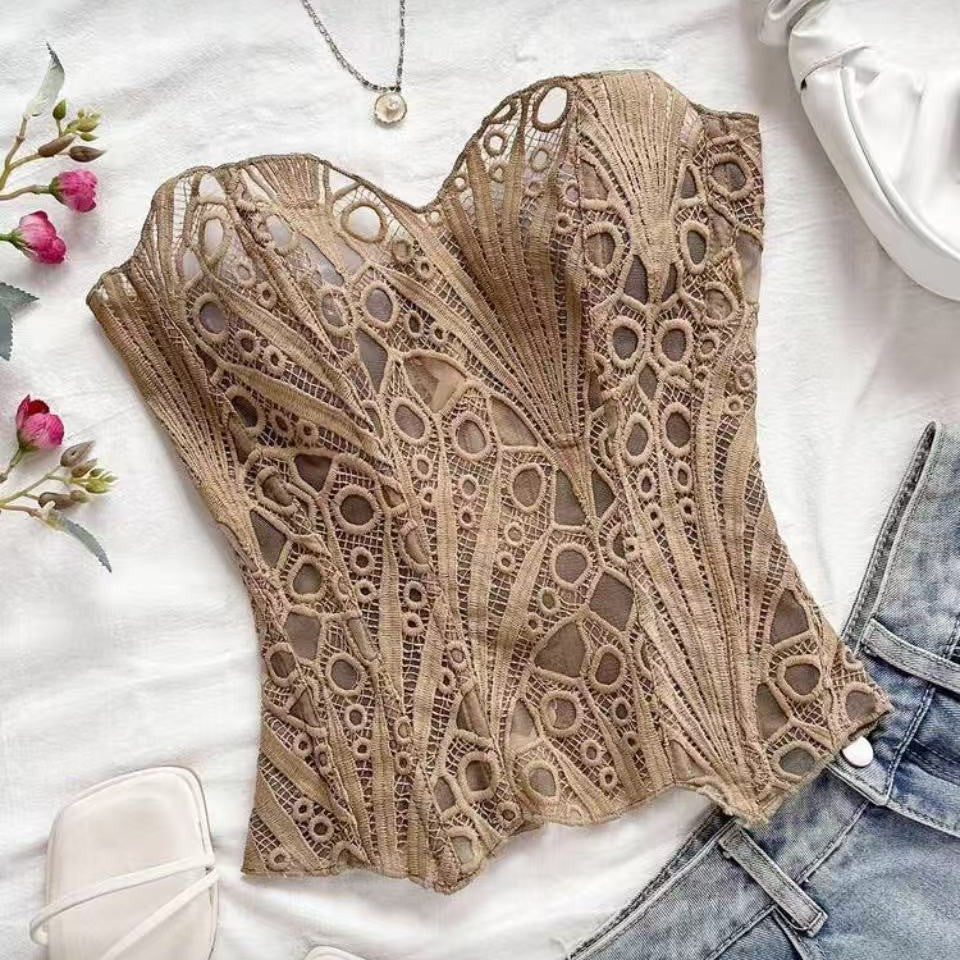 Irregular Lace Fishbone Corset With Mesh Panels And Print For A Sculpting Fit